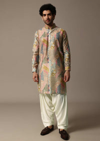 Multicolour Printed Silk Kurta Salwar For Men