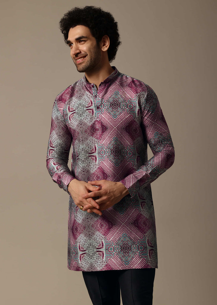 Multicolour Printed Silk Short Kurta Set For Men