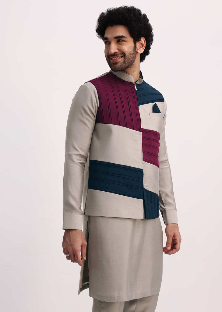 Multicolour Self Work Kurta Jacket Set