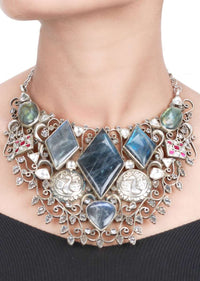 Multicolour Vintage Necklace With Labradorite Gemstones And Carved Peacock Pattern Made In Sterling Silver By Sangeeta Boochra