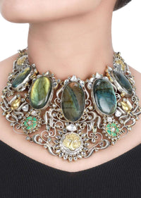 Multicolour Vintage Necklace With Labradorite Gemstones And Gold Plated Peacock Pattern Made In Sterling Silver By Sangeeta Boochra