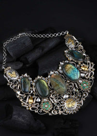 Multicolour Vintage Necklace With Labradorite Gemstones And Gold Plated Peacock Pattern Made In Sterling Silver By Sangeeta Boochra