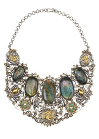 Multicolour Vintage Necklace With Labradorite Gemstones And Gold Plated Peacock Pattern Made In Sterling Silver By Sangeeta Boochra