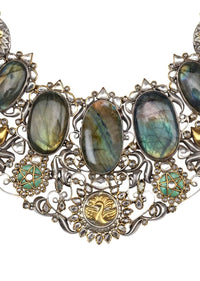 Multicolour Vintage Necklace With Labradorite Gemstones And Gold Plated Peacock Pattern Made In Sterling Silver By Sangeeta Boochra