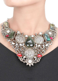 Multicolour Vintage Necklace With Red And Labradorite Gemstones And Carved Floral And Duck Pattern Made In Sterling Silver By Sangeeta Boochra