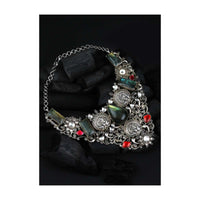 Multicolour Vintage Necklace With Red And Labradorite Gemstones And Carved Floral And Duck Pattern Made In Sterling Silver By Sangeeta Boochra