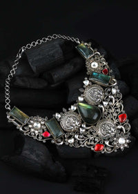 Multicolour Vintage Necklace With Red And Labradorite Gemstones And Carved Floral And Duck Pattern Made In Sterling Silver By Sangeeta Boochra