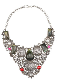 Multicolour Vintage Necklace With Red And Labradorite Gemstones And Carved Floral And Duck Pattern Made In Sterling Silver By Sangeeta Boochra