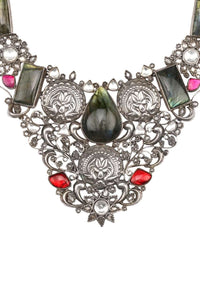 Multicolour Vintage Necklace With Red And Labradorite Gemstones And Carved Floral And Duck Pattern Made In Sterling Silver By Sangeeta Boochra
