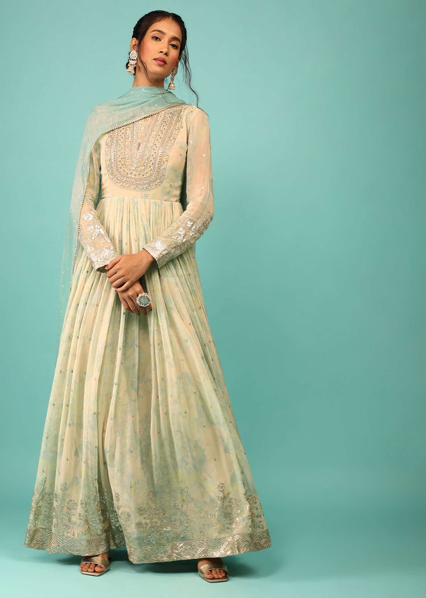 Multicoloured Anarkali Suit In Georgette With Floral Print, Embroidery And A Pastel Green Dupatta