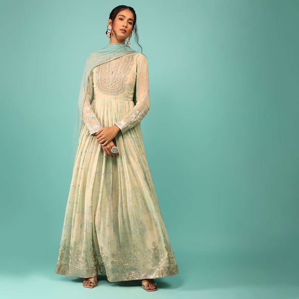 Multicoloured Anarkali Suit In Georgette With Floral Print, Embroidery And A Pastel Green Dupatta