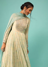 Multicoloured Anarkali Suit In Georgette With Floral Print, Embroidery And A Pastel Green Dupatta