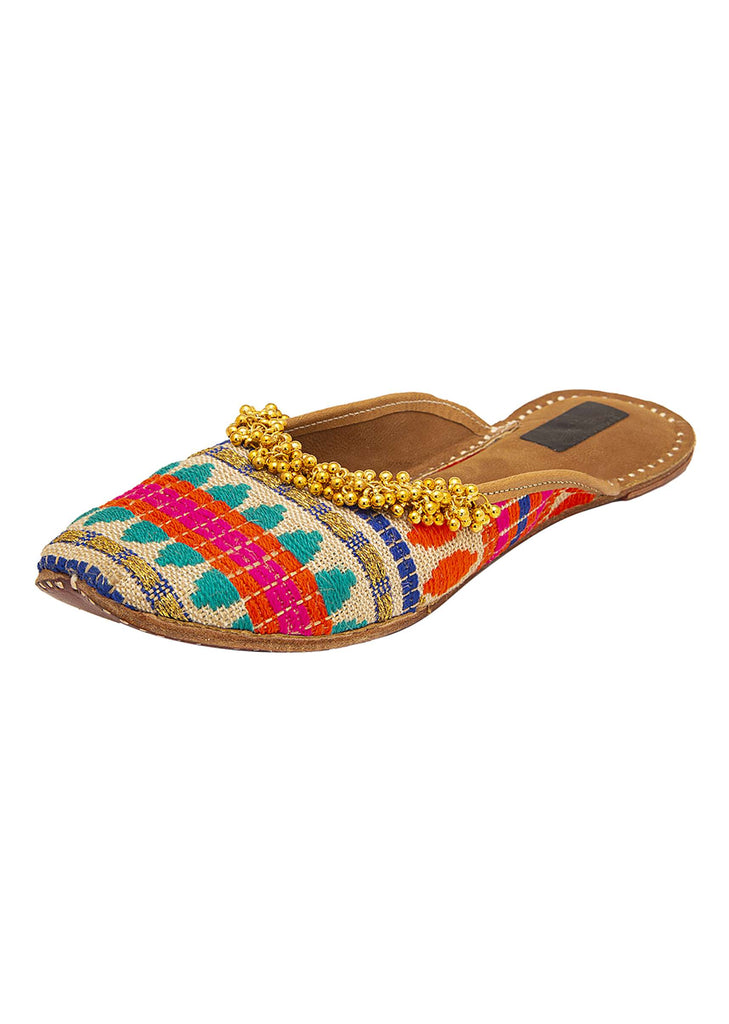 Multicoloured Juttis With Ghungroos And Kiwi Underlining