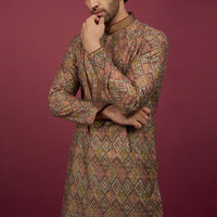 Multicoloured Silk Printed Kurta Set