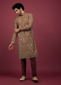 Multicoloured Silk Printed Kurta Set