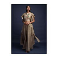 Mushroom Grey Palazzo Suit In Tussar Silk With Ruffle Jacket And Resham Embroidery Online - Kalki Fashion