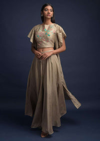 Mushroom Grey Palazzo Suit In Tussar Silk With Ruffle Jacket And Resham Embroidery Online - Kalki Fashion