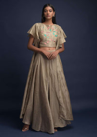 Mushroom Grey Palazzo Suit In Tussar Silk With Ruffle Jacket And Resham Embroidery Online - Kalki Fashion