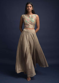 Mushroom Grey Palazzo Suit In Tussar Silk With Ruffle Jacket And Resham Embroidery Online - Kalki Fashion