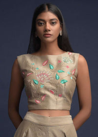 Mushroom Grey Palazzo Suit In Tussar Silk With Ruffle Jacket And Resham Embroidery Online - Kalki Fashion