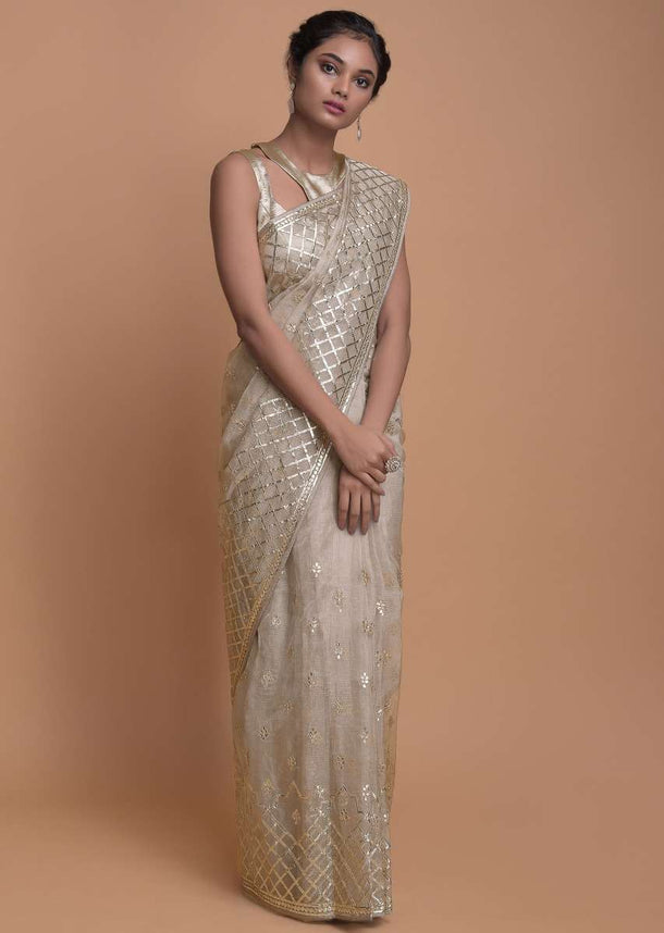 Mushroom Grey Saree In Organza With Gotta Lace Work In Geometric Pattern Online - Kalki Fashion