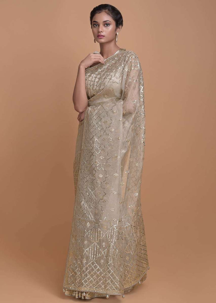 Mushroom Grey Saree In Organza With Gotta Lace Work In Geometric Pattern Online - Kalki Fashion