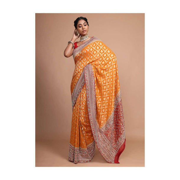 Mustard Banarasi Saree With Weaved Moroccan Jaal And Moti Work On The Border Online - Kalki Fashion