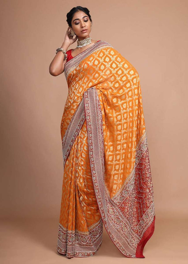 Mustard Banarasi Saree With Weaved Moroccan Jaal And Moti Work On The Border Online - Kalki Fashion