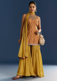 Mustard Dola Silk Printed Kurta Sharara Suit With Dupatta