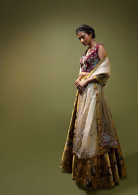 Mustard Lehenga In Satin With Floral Print And A Maroon Hand Embroidered Choli With Multi Color Resham And Zardosi Detailing