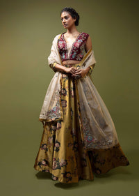 Mustard Lehenga In Satin With Floral Print And A Maroon Hand Embroidered Choli With Multi Color Resham And Zardosi Detailing