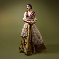 Mustard Lehenga In Satin With Floral Print And A Maroon Hand Embroidered Choli With Multi Color Resham And Zardosi Detailing