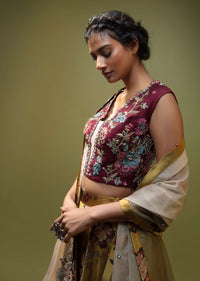 Mustard Lehenga In Satin With Floral Print And A Maroon Hand Embroidered Choli With Multi Color Resham And Zardosi Detailing