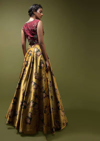 Mustard Lehenga In Satin With Floral Print And A Maroon Hand Embroidered Choli With Multi Color Resham And Zardosi Detailing