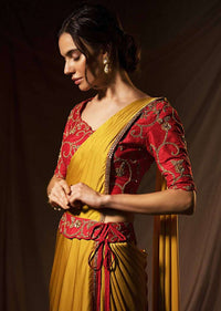 Mustard milano satin saree with ready pleats and stitched pallo only on Kalki