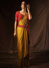 Mustard milano satin saree with ready pleats and stitched pallo only on Kalki