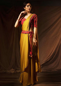 Mustard milano satin saree with ready pleats and stitched pallo only on Kalki