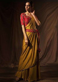 Mustard milano satin saree with ready pleats and stitched pallo only on Kalki