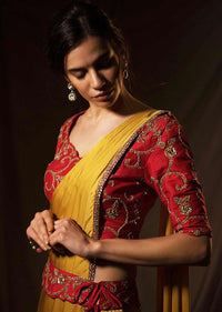 Mustard milano satin saree with ready pleats and stitched pallo only on Kalki