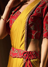 Mustard milano satin saree with ready pleats and stitched pallo only on Kalki