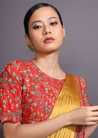 Mustard Ready Pleated Saree With Bandhani Printed Layer And Red Scalloped Border With Zari Accents Online - Kalki Fashion