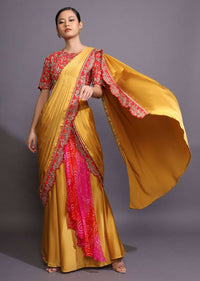 Mustard Ready Pleated Saree With Bandhani Printed Layer And Red Scalloped Border With Zari Accents Online - Kalki Fashion