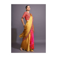 Mustard Ready Pleated Saree With Bandhani Printed Layer And Red Scalloped Border With Zari Accents Online - Kalki Fashion