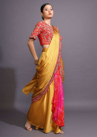 Mustard Ready Pleated Saree With Bandhani Printed Layer And Red Scalloped Border With Zari Accents Online - Kalki Fashion