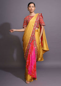 Mustard Ready Pleated Saree With Bandhani Printed Layer And Red Scalloped Border With Zari Accents Online - Kalki Fashion