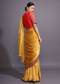 Mustard Ready Pleated Saree With Bandhani Printed Layer And Red Scalloped Border With Zari Accents Online - Kalki Fashion