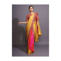 Mustard Ready Pleated Saree With Bandhani Printed Layer And Red Scalloped Border With Zari Accents Online - Kalki Fashion