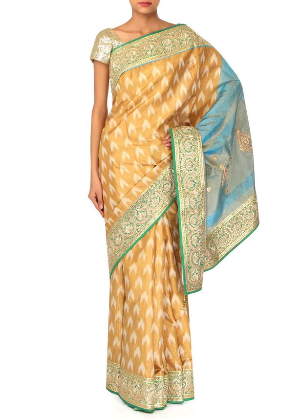 Mustard saree featuring in weaved butti and gotta border only on Kalki