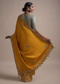 Mustard Saree In Satin Silk With Bud Embroidery And Mirror Work Online - Kalki Fashion