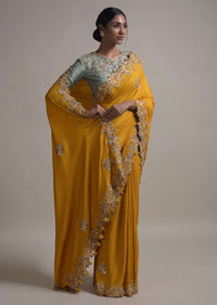 Mustard Saree In Satin Silk With Bud Embroidery And Mirror Work Online - Kalki Fashion